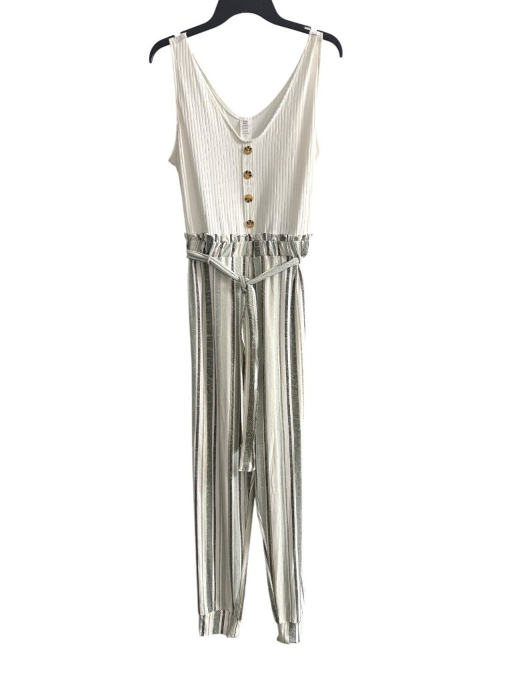 Plus Size Striped White/Sage Coastal Chic Sleeveless Cottage Jumpsuit Womens 1X